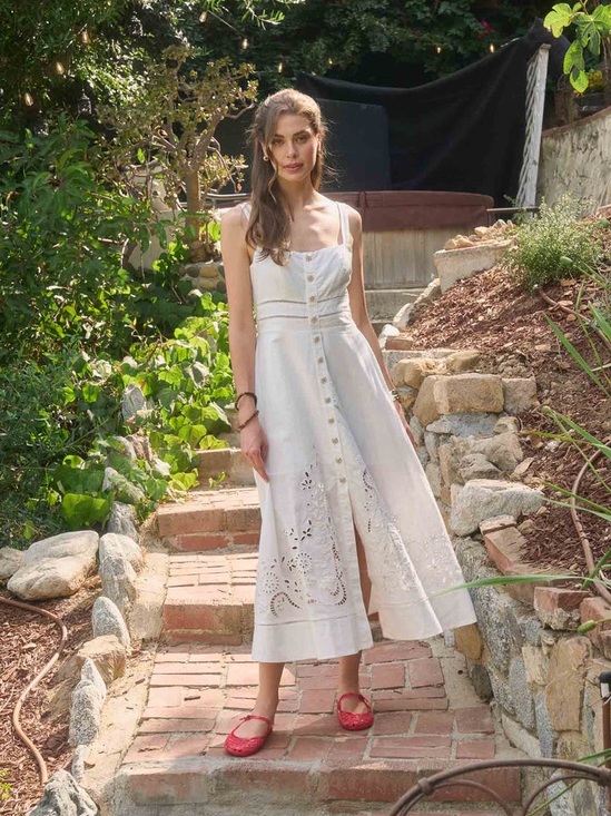 Moon River Dresses & Skirts - Moon River Leanne Eyelet Midi Dress in White with Front Buttons Size S NWT